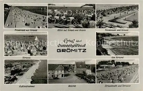 AK / Ansichtskarte  Groemitz_Ostseebad Promenade Strand Bruecke Fliegeraufnahme Markt Strandhalle und Terrasse Groemitz_Ostseebad