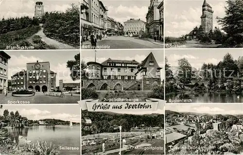 AK / Ansichtskarte 73833176 Iserlohn Bismarckturm Rathausplatz Danzturm Sparkasse Jugendherberge Rupenteich Seilersee Minigolfplatz TO Gruene Iserlohn