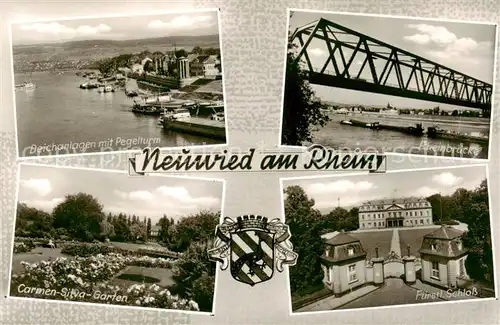 AK / Ansichtskarte 73833221 Neuwied_Rhein Deichanlagen mit Pegelturm Rheinbruecke Carmen Silva Garten Fuerstl Schloss Neuwied Rhein