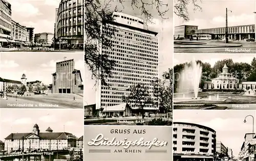 AK / Ansichtskarte  Ludwigshafen__Rhein Strasse mit Pfalzbau Herz Jesukirche Reinschule Stadthaus Nord Hauptbahnhof Ebertpark  