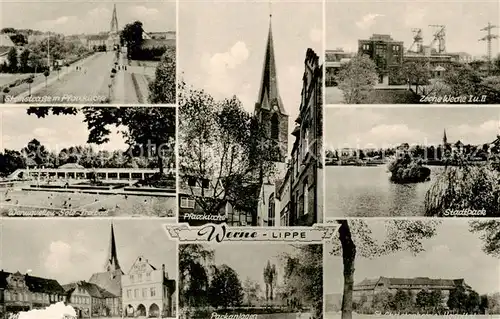 AK / Ansichtskarte Werne__Lippe_Muenster_Westfalen Steinstrasse Warmquellen Sole Freibad Marktplatz Pfarrkirche Parkanlagen Zeche Weche I und II Stadtpark St Christophorus Hospital 