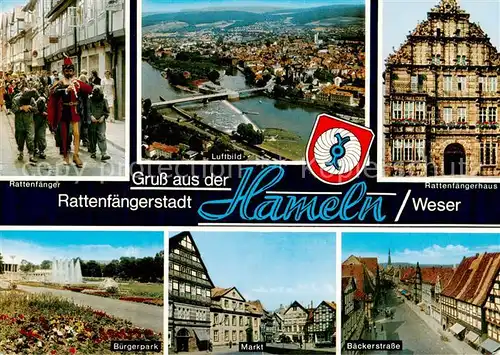 AK / Ansichtskarte Hameln_Weser Rattenfaenger Fliegeraufnahme Rattenfaengerhaus Buergerpark Markt Baeckerstrasse Hameln Weser