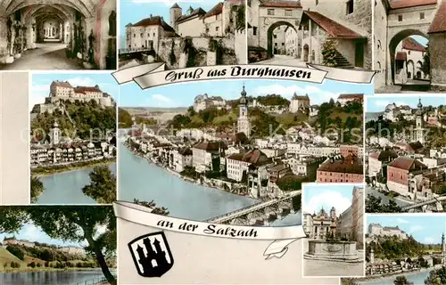 AK / Ansichtskarte Burghausen_Salzach Burgen Teilansichten Brunnen Fliegeraufnahme Burghausen Salzach