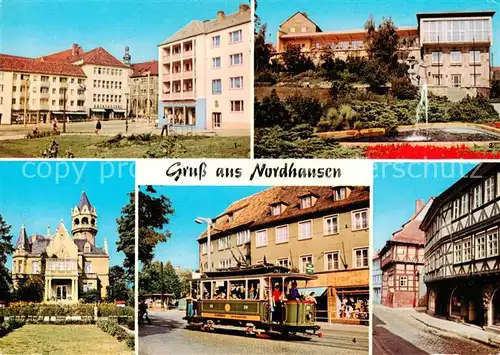 AK / Ansichtskarte Nordhausen__Harz Rautenstrasse Gaststaette Stadt Terrasse Meyenburgmuseum Hist Strassenbahn Barfuesserstrasse 