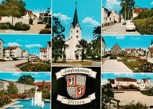 AK / Ansichtskarte Graefenhausen_Hessen Schlossgasse Falltorstrasse Am Buergerhaus Kirche Turmstrasse Ortsmitte Anlage Graefenhausen Hessen