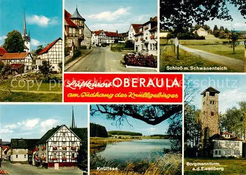 AK / Ansichtskarte Oberaula Ortsansichten Schloss mit Schwanenteich Knuellsee Borgmannturm auf dem Eisenberg Oberaula
