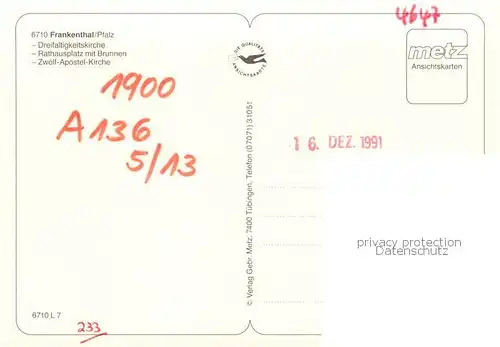 AK / Ansichtskarte Frankenthal__Pfalz Dreifaltigkeitskirche Rathausplatz mit Brunnen Zwoelf Apostel Kirche 