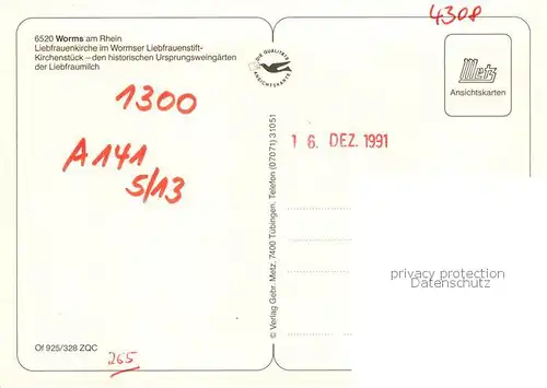 AK / Ansichtskarte Worms_Rhein Liebfrauenkirche im Wormser Liebfrauenstift Kirchenstueck Ursprungsweingaerten der Liebfraumilch Worms Rhein