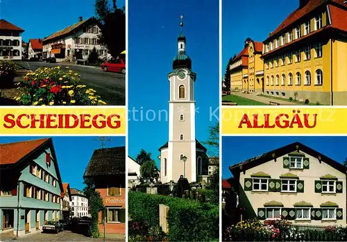 AK / Ansichtskarte Scheidegg_Allgaeu Strassenpartien Kirche Scheidegg Allgaeu