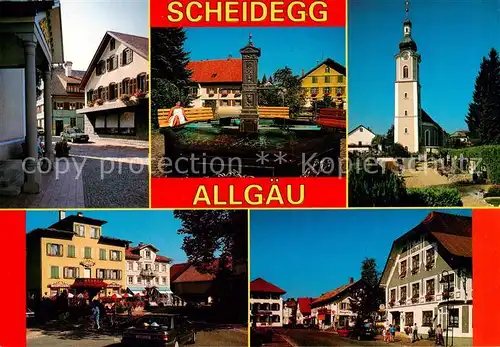 AK / Ansichtskarte Scheidegg_Allgaeu Teilansichten Brunnen Kirche Scheidegg Allgaeu