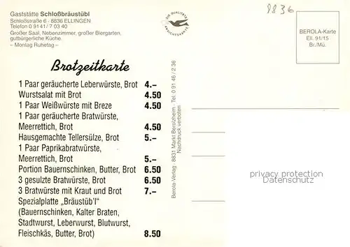 AK / Ansichtskarte Ellingen_Bayern Gaststaette Schlossbraeustuebl Grosser Saal Nebenzimmer Ellingen Bayern