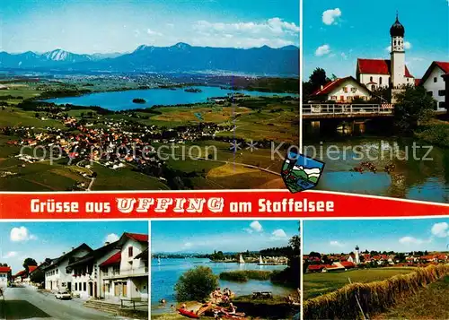 AK / Ansichtskarte Uffing_Staffelsee Fliegeraufnahme Kirche Strassenpartie Seepartie Panorama Uffing_Staffelsee