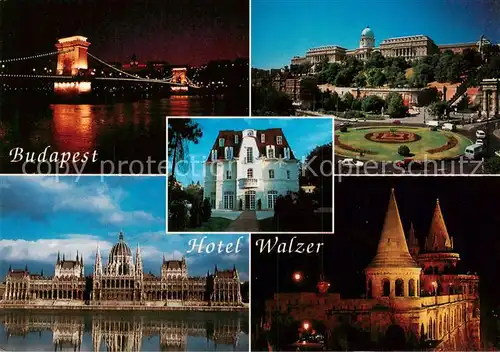AK / Ansichtskarte 73834605 Budapest_HU Hotel Restaurant Walzer Donaubruecke Buda Nachtaufnahme Palast 