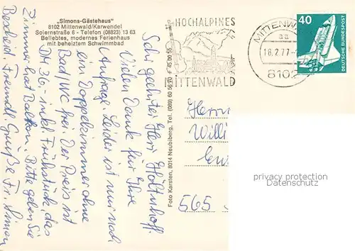 AK / Ansichtskarte Mittenwald_Bayern Simons Gaestehaus Mittenwald Bayern