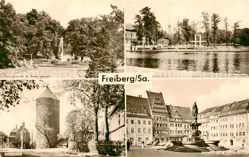 AK / Ansichtskarte 73835030 Freiberg__Sachsen Springbrunnen Scheringerpark Johannisbad Donatsturm Obermarkt mit Brunnendenkmal 