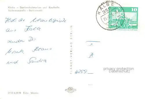 AK / Ansichtskarte  Kalbe_Milde Kirche Stadtambulatorium und Kaufhalle Thaelmannstrasse Badeanstalt Kalbe Milde