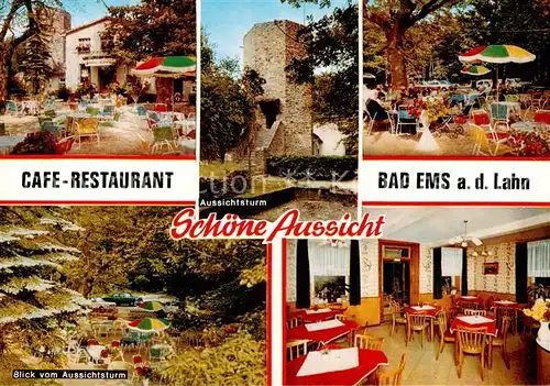 AK / Ansichtskarte 73835127 Bad_Ems_Lahn Cafe Restaurant Schoene Aussicht Terrasse Gaststube Aussichtsturm Bad_Ems_Lahn