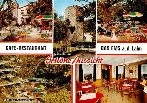 AK / Ansichtskarte  Bad_Ems_Lahn Cafe Restaurant Schoene Aussicht Terrasse Gaststube Aussichtsturm Bad_Ems_Lahn