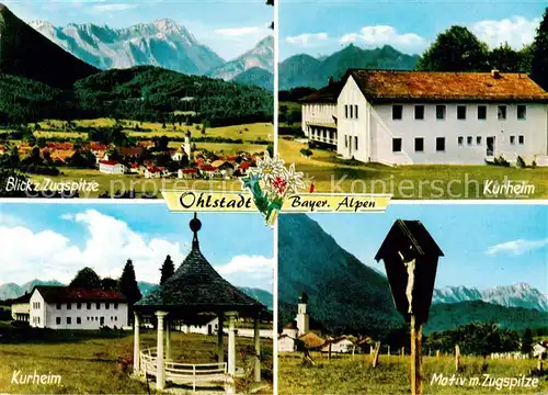 AK / Ansichtskarte  Ohlstadt Panorama mit Zugspitze Kurheim Pavillon Wegekreuz Ohlstadt