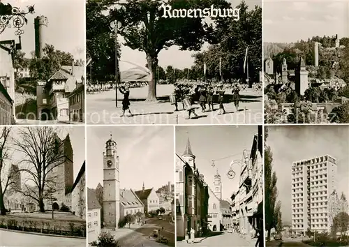 AK / Ansichtskarte 73835518 Ravensburg__Wuerttemberg Teilansichten Tuerme Stadtplatz Musikgruppe Hochhaus 