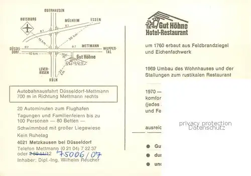 AK / Ansichtskarte  Metzkausen Gut Hoehne Hotel Restaurant Kaminzimmer Speisesaal Zimmer Metzkausen