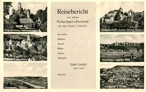 AK / Ansichtskarte 73835631 Neckarzimmern Burg Hornberg Schloss Zwingenberg Diedesheim Neckar Niederstetten Schloss Stetten Krautheim Jagst mit Burg Niedernhall Kocher Neckarzimmern