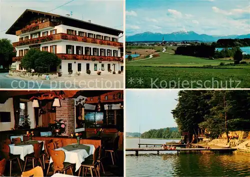 AK / Ansichtskarte  Eggstaett_Oberbayern Gasthof Metzgerei Pension Widemann Gaststube Panorama Anlegesteg Eggstaett_Oberbayern