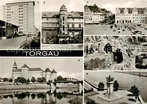 AK / Ansichtskarte 73835693 Torgau Hochhaus Schloss Hartenfels Wendelstein Marktplatz Baerenfreigehege Denkmal der Begegnung an der Elbe Torgau