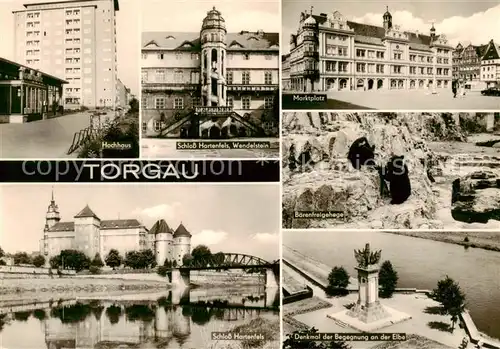 AK / Ansichtskarte Torgau Hochhaus Schloss Hartenfels Marktplatz Baerenfreigehege Denkmal der Begegnung an der Elbe Torgau