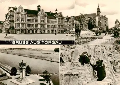 AK / Ansichtskarte Torgau Rathaus Schloss Hartenfels Rosengarten Denkmal der Begegnung an der Elbe Baerenfreigehege Torgau