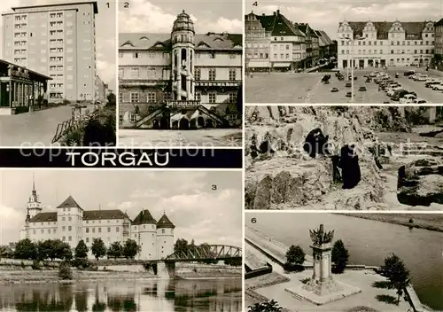 AK / Ansichtskarte Torgau Hochhaus Schloss Hartenfels Marktplatz Baerenfreigehege Denkmal der Begegnung an der Elbe Torgau
