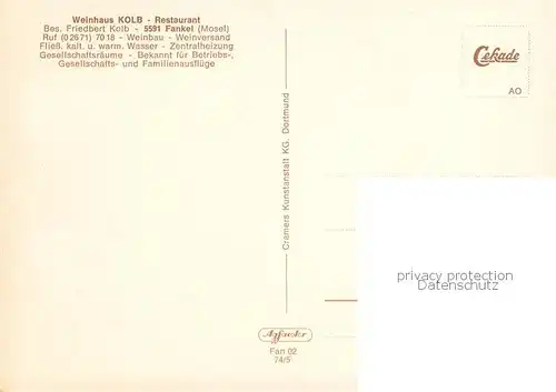 AK / Ansichtskarte Fankel Staustufe Schleuse und Kraftwerk Fliegeraufnahme Marienkirche Weinhaus Kolb Gastraeume Altes Rathaus Fankel