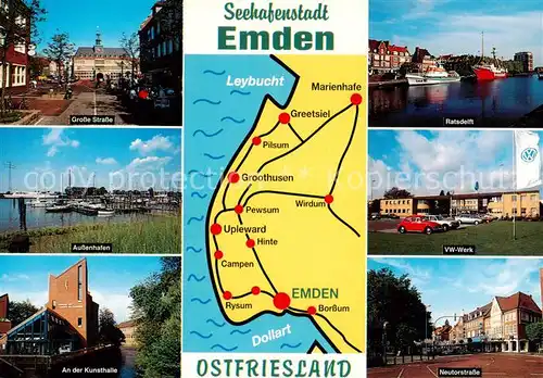 AK / Ansichtskarte 73836084 Emden__Ostfriesland Grosse Strasse Hafen Kunsthalle Ratsdelft VW-Werk Neutorstrasse Landkarte 