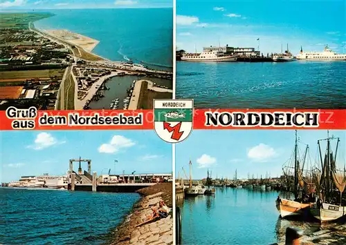 AK / Ansichtskarte 73836100 Norddeich__Norden_Nordseebad Kuestenort Luftbild Hafen Fischkutter 