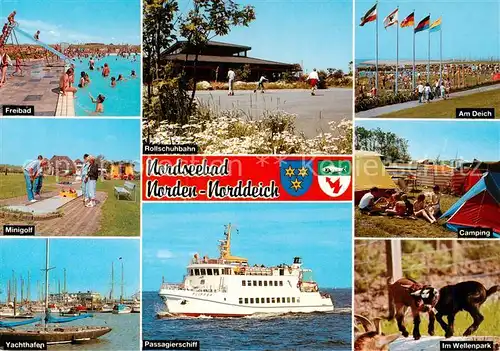 AK / Ansichtskarte  Norddeich__Norden_Nordseebad Freibad Minigolf Yachthafen Rollschuhbahn Deich Camping Tierpark Passagierschiff 