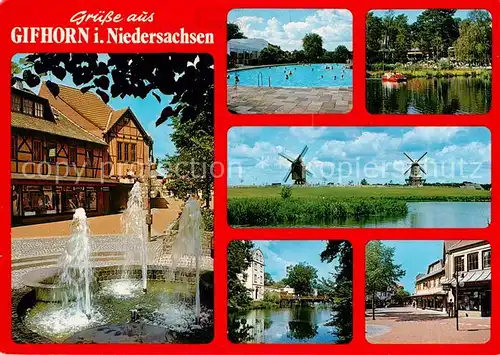 AK / Ansichtskarte 73836112 Gifhorn Springbrunnen Freibad Windmuehlen Ortsmotiv Gifhorn