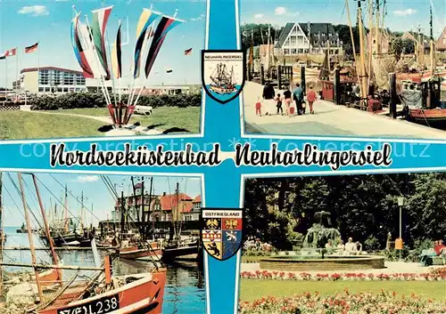 AK / Ansichtskarte  Neuharlingersiel Nordseekuestenbad Kurhaus Fahnen Kutterhafen Kurpark Neuharlingersiel