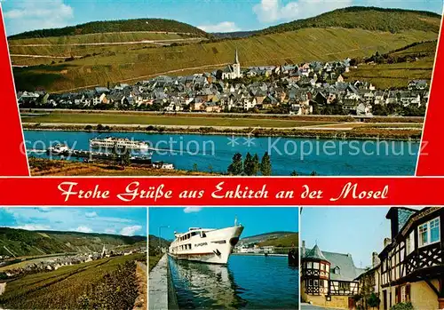 AK / Ansichtskarte 73836148 Enkirch_Mosel Panorama Blick ueber die Mosel Dampfer Ortsmotiv Fachwerkhaeuser Enkirch Mosel