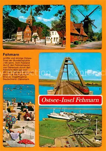 AK / Ansichtskarte  Insel_Fehmarn Ortsmotiv mit Kirche Windmuehle Fehmarnsundbruecke Strand Hafen Luftbild Insel Fehmarn