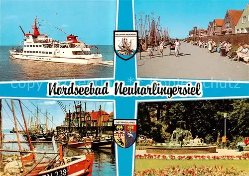 AK / Ansichtskarte 73836180 Neuharlingersiel Nordseebad Faehre Hafenpromenade Fischkutter Kurpark Neuharlingersiel