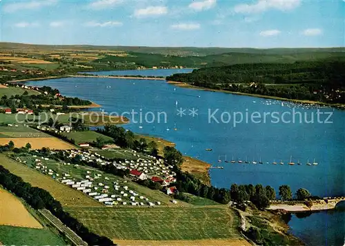 AK / Ansichtskarte 73836189 Moehnesee zwischen Koerbecker Bruecke und Stockumer Damm mit ADAC Campingplatz Fliegeraufnahme Moehnesee