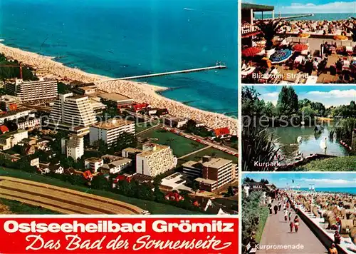 AK / Ansichtskarte Groemitz_Ostseebad Fliegeraufnahme Strandblick Kurpark Kurpromenade Groemitz_Ostseebad