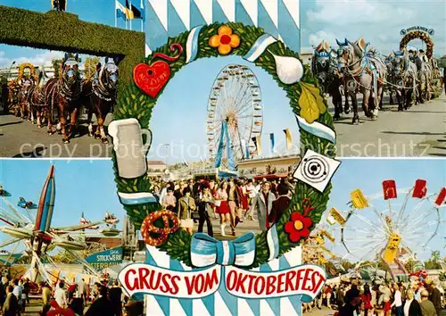 AK / Ansichtskarte Muenchen Oktoberfest Bierkutschen Fahrgeschaefte Riesenrad Muenchen
