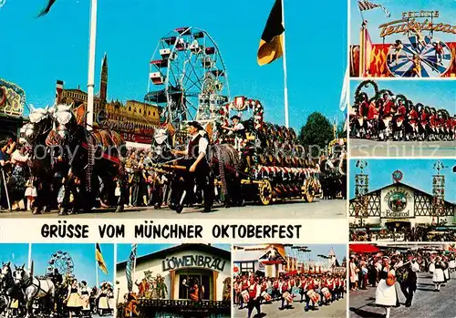 AK / Ansichtskarte Muenchen Oktoberfest Bierkutschen Musik und Trachtengruppen  Fahrgeschaefte Riesenrad Muenchen