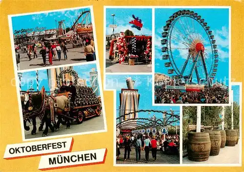 AK / Ansichtskarte Muenchen Oktoberfest Wiesn Bierkutschen Fahrgeschaefte Riesenrad Muenchen