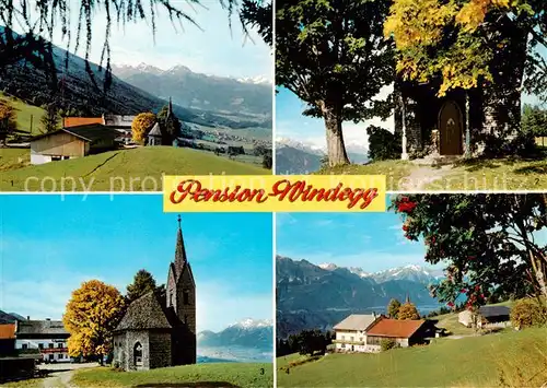 AK / Ansichtskarte Tulfes_Tirol Pension Windegg Kalkkoegel und Nockspitze Kircheneingang Innsbruck und Brandjoch Karwendelgebirge Tulfes Tirol