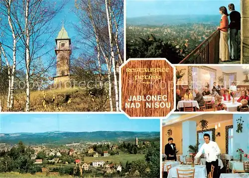 AK / Ansichtskarte Jablonec_nad_Nisou_Gablonz_Neisse_CZ Restaurace Petrin Panorama Vyhlidka s veze Celkovy pohled s Jabloncem v pozadi Intreiery restaurance 