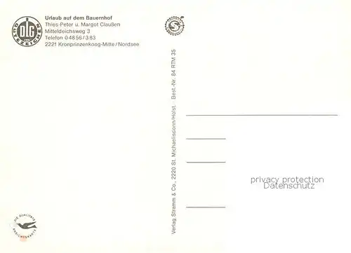 AK / Ansichtskarte Kronprinzenkoog Urlaub auf dem Bauernhof Claussen Kronprinzenkoog