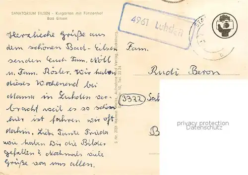 AK / Ansichtskarte Bad_Eilsen Sanatorium Eilsen Kurgarten mit Fuerstenhof Bad_Eilsen