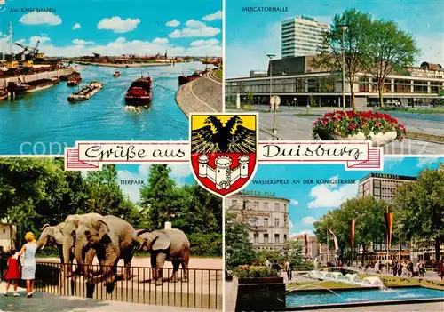 AK / Ansichtskarte Duisburg__Ruhr Am Kaiserhafen Mercatorhalle Tierpark Wasserspiele an der Koenigstrasse 